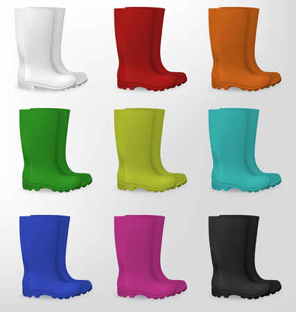 ubber safety boots in white, red, orange, green, light green, aqua, blue, pink and black.のイラスト素材