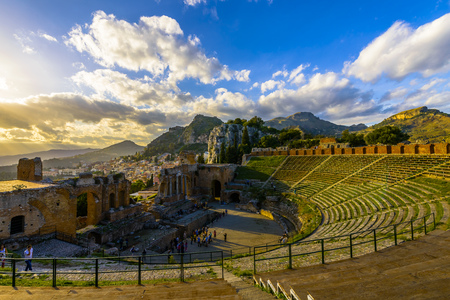 The Ancient theatre of Taormina, constructed by the Greeks in the 3rd century BC is one of the most famous theatres in the world のeditorial素材