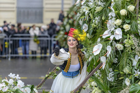 Nice - February 23: Female Entertainer in carnival Costum at the Nice Flower Carnival on February...