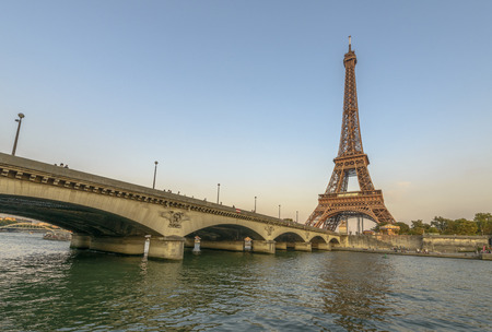 Eiffel Tower and Seine River at sunset from Port Debilly in Trocaderoのeditorial素材