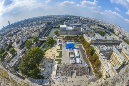 Fish-eye view of Paris from Notre-dame in a sunny summer dayのeditorial素材
