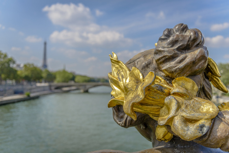 Blurry Eiffel Tower view from Pont Alexandre III in Paris, Franceの写真素材