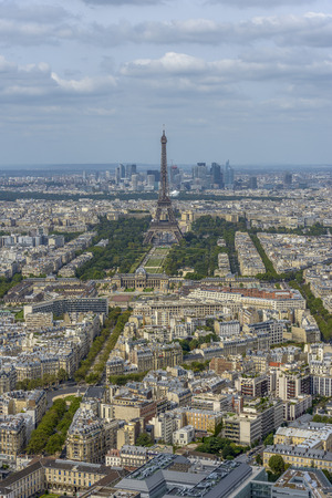 Aerial view of Eiffel Tower and La Defense business district taken  from Montparnasse Tower in Paris, Franceのeditorial素材