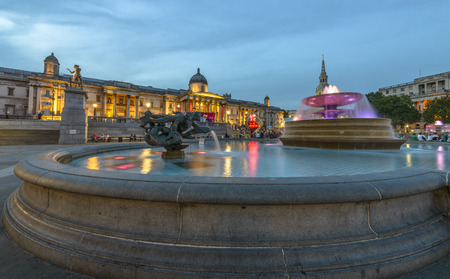 Trafalgar Square, Westminster, London. Famous fountain and The National Gallery in the backgroundのeditorial素材