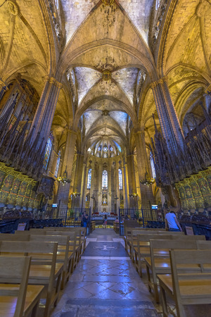 The interior of the Cathedral of Santa Eulalia, also called La Seu or simply Barcelona Cathedral in Barcelona.のeditorial素材