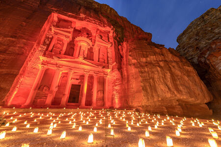 Treasury (Khasneh) in Petra, Jordan at night. Petra by Night in the light of 1,800 candles.の写真素材