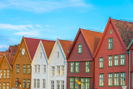 The colourful historic buildings of Bryggen in the City of Bergen, Norwayの写真素材
