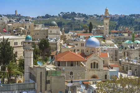 Jerusalem panoramic roof view to christians, jewish and muslims sacred places