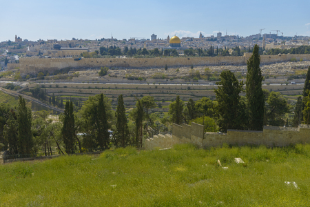 Panoramic view to Jerusalem Old city and the Temple Mount, Dome of the Rock and Al Aqsa Mosque from the Mount of Olives in Jerusalemの写真素材