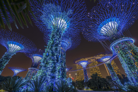 Singapore - April 13: Night view of the Supertree Grove in the Garden by the Bay with Marina Bay Sands background taken on April 13, 2018 in Singaporeのeditorial素材