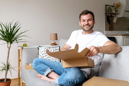 Happy man unpacks purchase from online store and smiles.