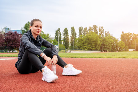 Athletic woman runner sitting on running track and resting after training.の写真素材