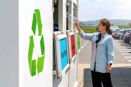 Woman throwing plastic bottle in waste bin. Recycle concept, green, environment.の写真素材