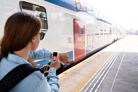 Woman waiting to board the train and looking at her wrist watch.
