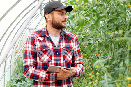 Young adult man farmer standing in a greenhouse vegetables organic farm with a digital tablet in his...