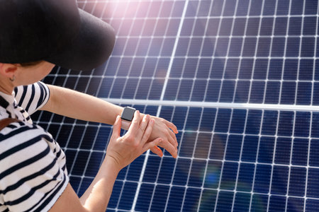 Woman in cap using her smartwatch on her hand on background with solar energy panel.の写真素材