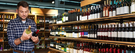 Man customer choosing wine in a liquor store, holding two bottles of red and white wine in his hand.の写真素材