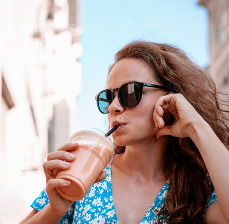 Brunette curly woman wearing sunglasses doing smoothie with straw.