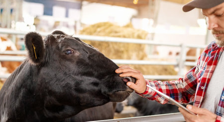 Man rancher makes a visual inspection of the animals on the farm using a checklist in his tablet.の写真素材