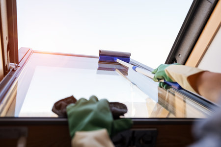 Person cleaning roof light window uses a squeegee.の写真素材