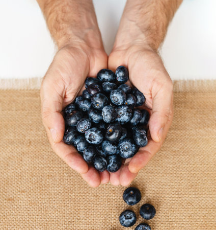 Top view of blueberries in male hands.の写真素材