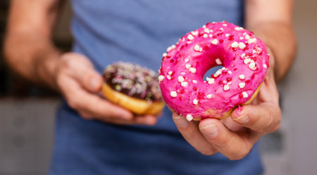 High angle view of chocolate donut with sprinkles in male hands.の写真素材