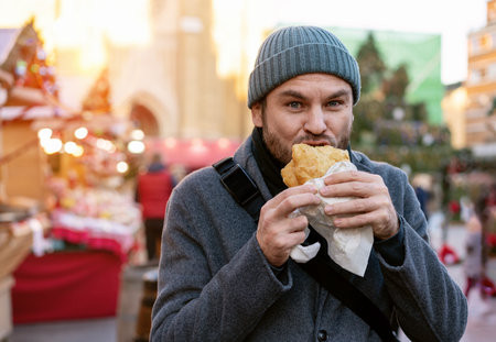 Back to street. Man standing on street in city and eating street food. Outdoor Christmas holidays lifestyle. Balkans food.の写真素材