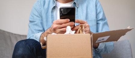Man unboxing a package and taking a photo of his purchase, internet order. Person sharing feedback...