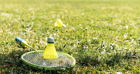 Yellow shuttlecock and badminton racket on the green grass of lawn.の写真素材