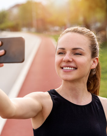 Attractive brunette woman takes a selfie using her smartphone while running on a city running path. Doing sport outdoors and self-admiring.の写真素材