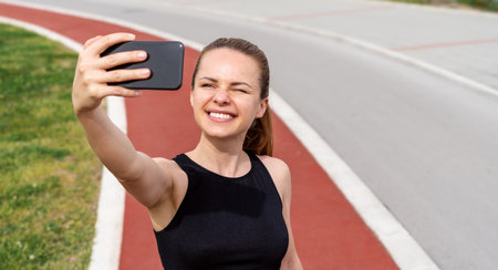 Attractive brunette woman takes a selfie using her smartphone while running on a city running trail. Doing sport outdoors and self-admiring.の写真素材