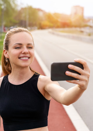 Brunette woman wearing sportswear takes a selfie while running on running track in city.の写真素材