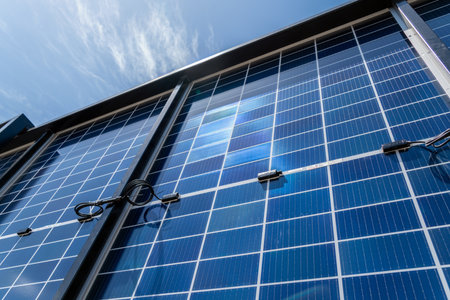 Back side of solar panels in solar energy plant in front of blue sky. Production and installation of solar panels.の写真素材