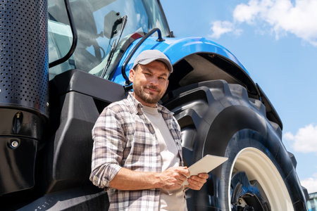 Man agricultural machinery mechanic stands next to tractor and holding digital tablet in his hands, looking camera and smiling.の写真素材