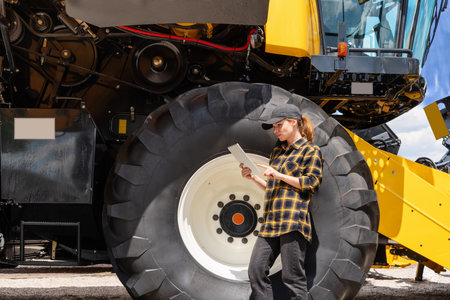 Woman agricultural farmer stands next to combine harvester and using her digital tablet.の写真素材