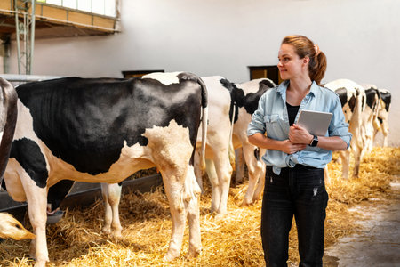 Female rancher inspecting livestock farm. Woman farm worker a with digital tablet in a dairy farm.の写真素材