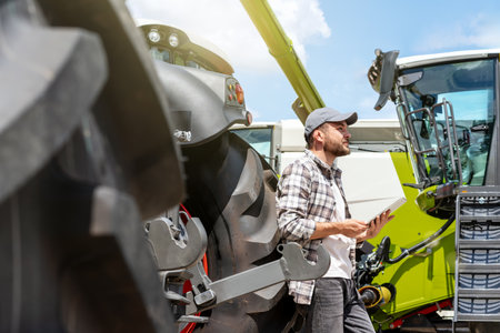 Sale of agricultural machinery. A man with a digital tablet leans on the wheel of a farm tractor.の写真素材