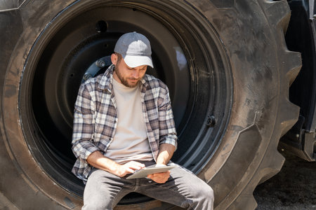 A male agricultural or construction machinery mechanic sits on a large tractor wheel and uses a digital tablet.の写真素材