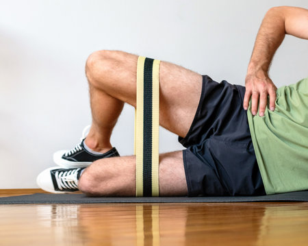 Man in plank pose on yoga mat using a resistance band for leg strength training