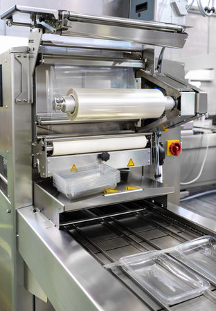 Close-up of Industrial plastic film roll in packaging machinery.