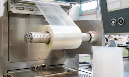 Plastic film, packaging industrial machine in factory. Roll of polyethylene film.の写真素材