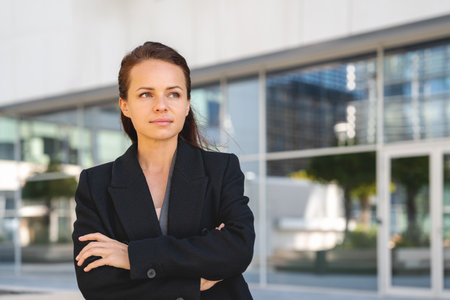 Portrait of a Caucasian woman in a black coat, standing on a city street with her arms crossed....
