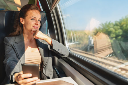 Businesswoman traveling by modern train. Business travel and commuting.