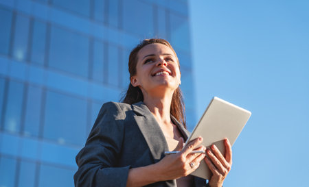Caucasian ethnicity Businesswoman in business casual attire using a digital tablet outdoors in downtown.の写真素材