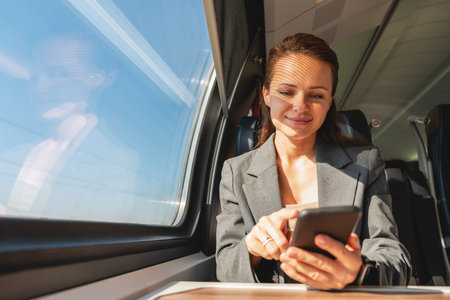 Business travel and commuting. Woman in business attire traveling by modern train and using her smartphone.の写真素材