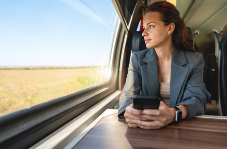 Businesswoman with smartphone, gazing out the window while commuting by train. Business travel concept.の写真素材