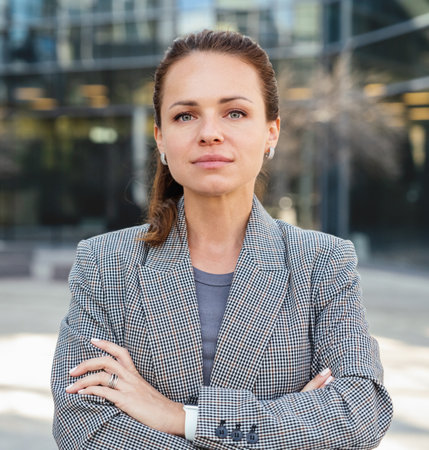 Portrait of  confident Caucasian businesswoman with arms crossed wearing smart casual outfit...