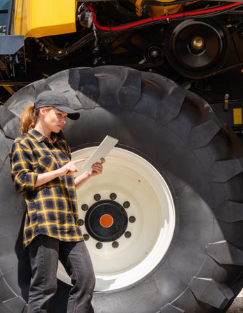 Female agricultural farmer standing next to a combine harvester and using her digital tablet.の写真素材