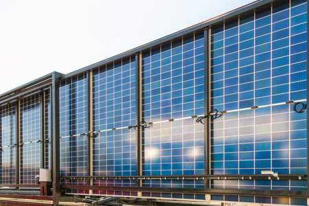 Mobile solar unit. Rear view of mobile solar energy plant.の写真素材