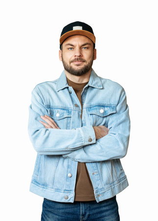 Young adult man with short beard wearing denim jacket and snapback cap standing with arms crossed isolated on white backgroundの写真素材